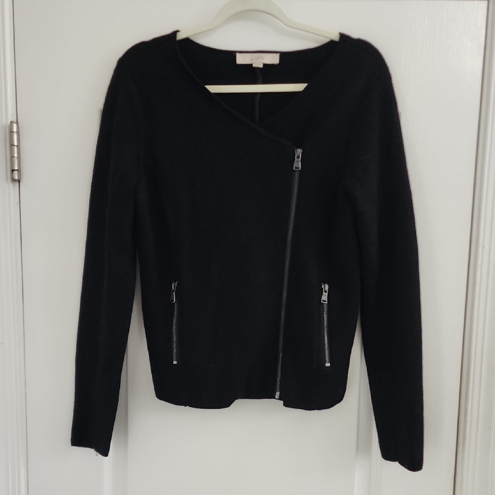 LOFT Black Knit Moto Sweater Jacket M